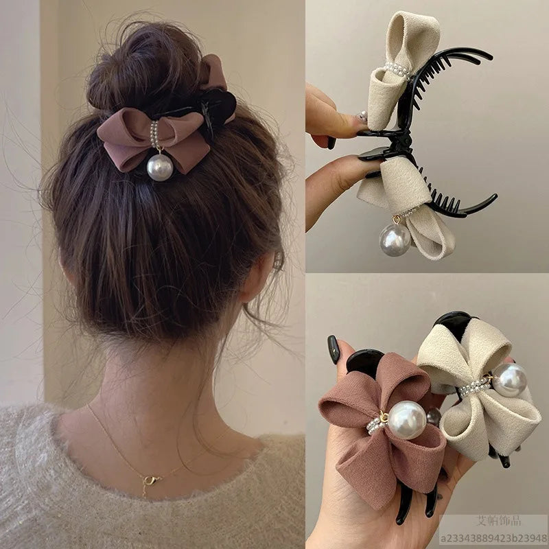 1 Piece of Bow, Pearl Clip, Temperament, Shark Clip, Korean Gentle Style Fabric Hair Accessory Girl Hair Accessoires