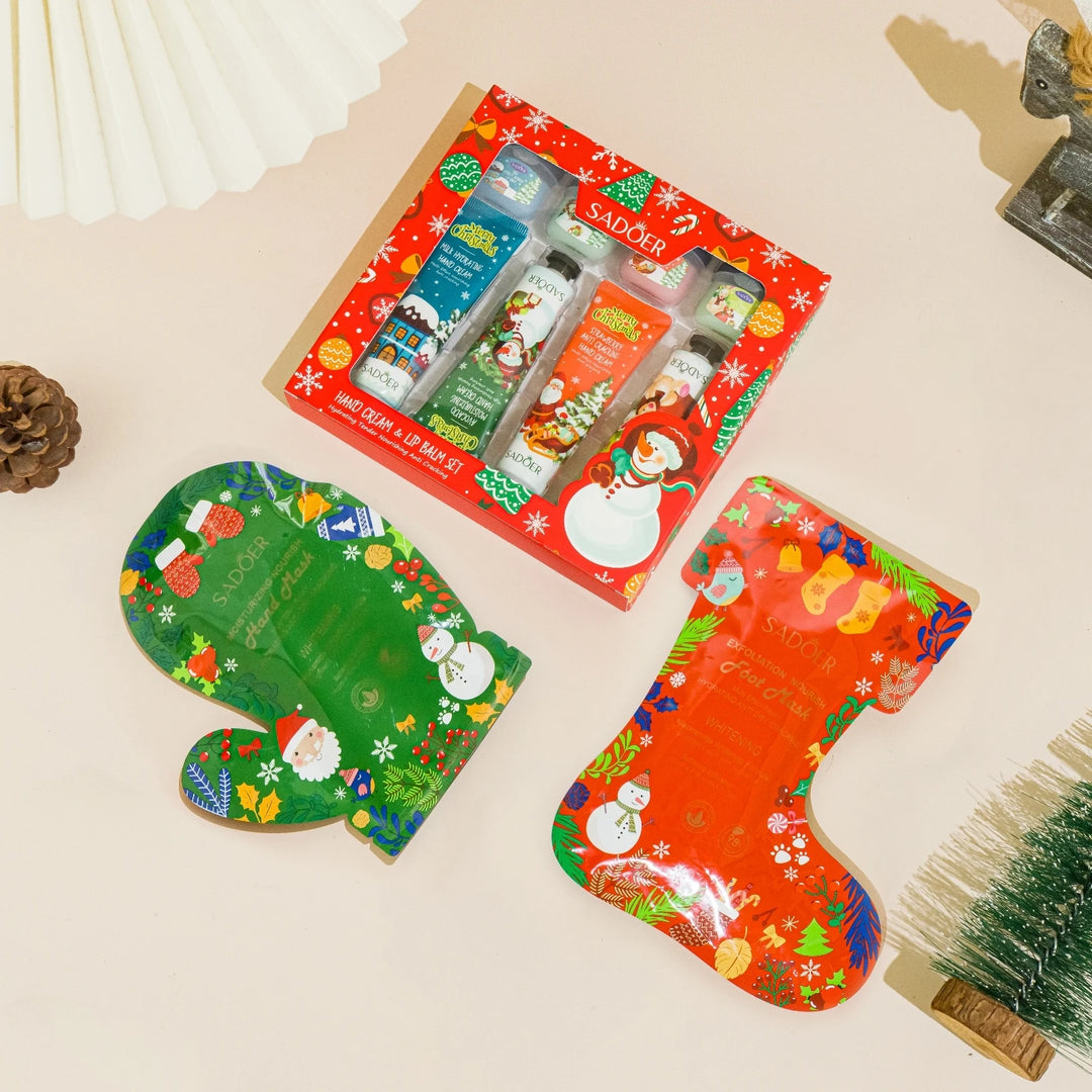 Christmas Skincare Set with Hand and Foot Mask, Lip Mask, Hand Cream, non-sticky, gentle,skincare For all skin, Christmas Gifts