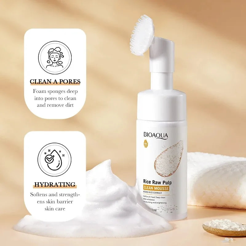 120ml Bioaoua Rice Puree Foaming Cleanser Cleansing Mousse Soothing Cleanser, Cleansing Foam with Brush Head