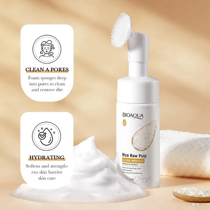 120ml Bioaoua Rice Puree Foaming Cleanser Cleansing Mousse Soothing Cleanser, Cleansing Foam with Brush Head