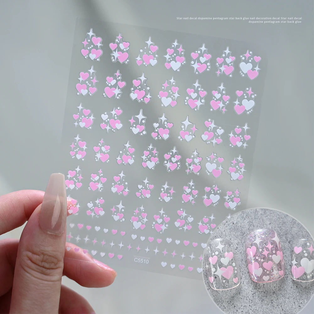 3D Valentine' s Day Love Heart Nail Art Sticker Red White Cross Stars Self-Adhesive Nail Decals 8*10cm Kawaii Heart Nail Sticker