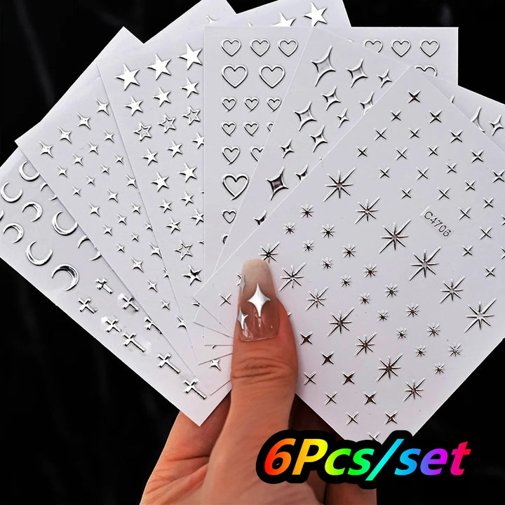 4/6Sheet/Kit Holographic Rainbow Love Heart Nail Sticker 3D Laser Heart Nail Decal Self-Adhesive Love Heart Manicure Slider &*&