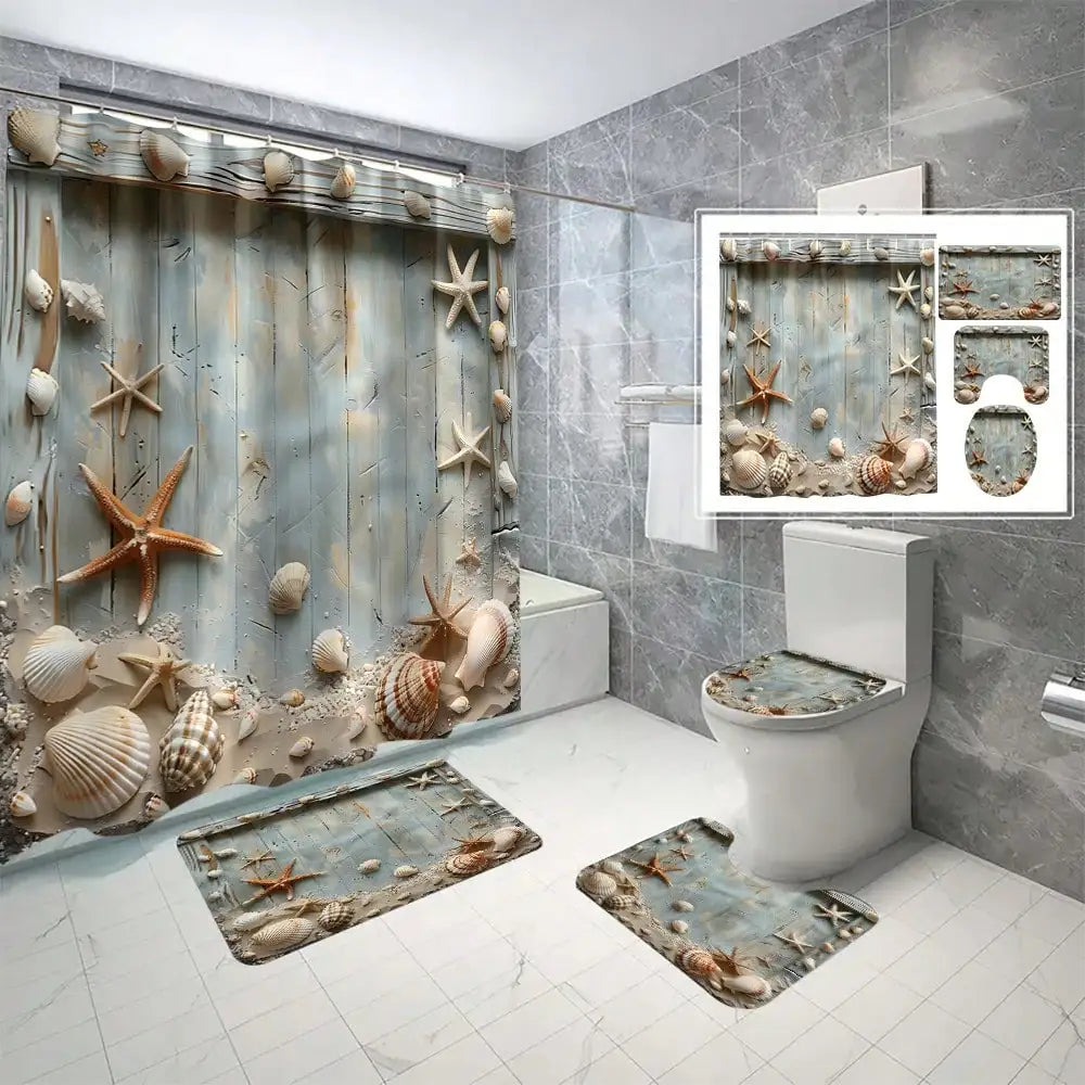 modern Pattern Printed Bathroom Set, Including Shower Curtain, Toilet Lid Cover & U-Shaped Mat,Bathroom Accessories