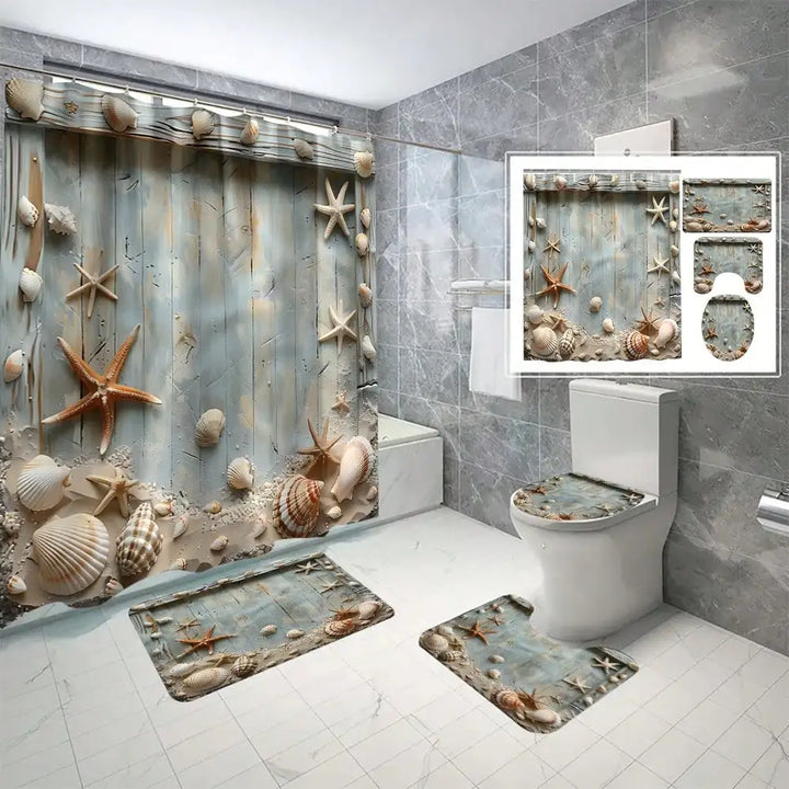 modern Pattern Printed Bathroom Set, Including Shower Curtain, Toilet Lid Cover & U-Shaped Mat,Bathroom Accessories