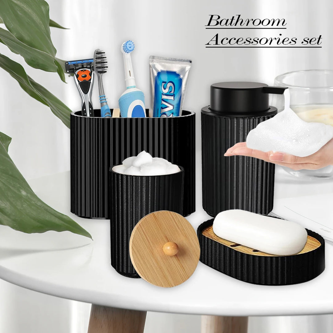 1set Bathroom Accessories Black Bath Toothbrush Holder, Foam Soap Dispenser, Cotton Ball Box and Soap Dish for Decorative