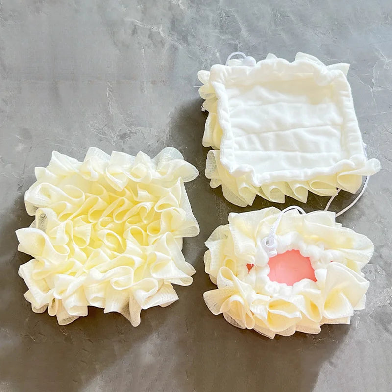 2-In-1 Bath Ball Towel Loofah With Drawstring Closure For Soap Soft Exfoliating Mesh Shower Sponge Skin Care Bathing Tool