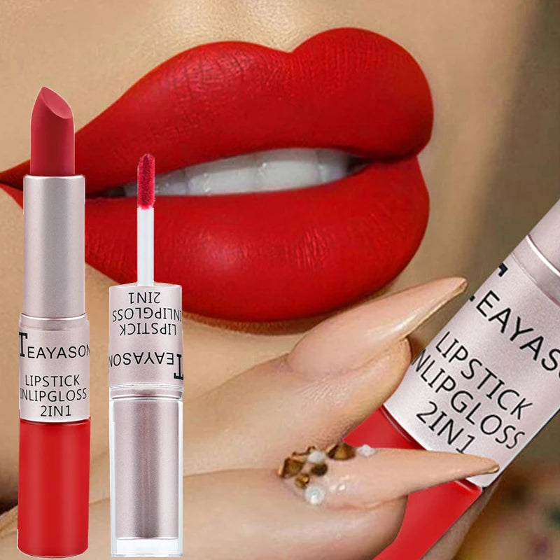 1Pc Long Lasting Velvet Matte Lipstick Double Head Lip Gloss Non-stick Cup Lip Gloss Waterproof 2 in 1 Matte Red Lipstick Makeup