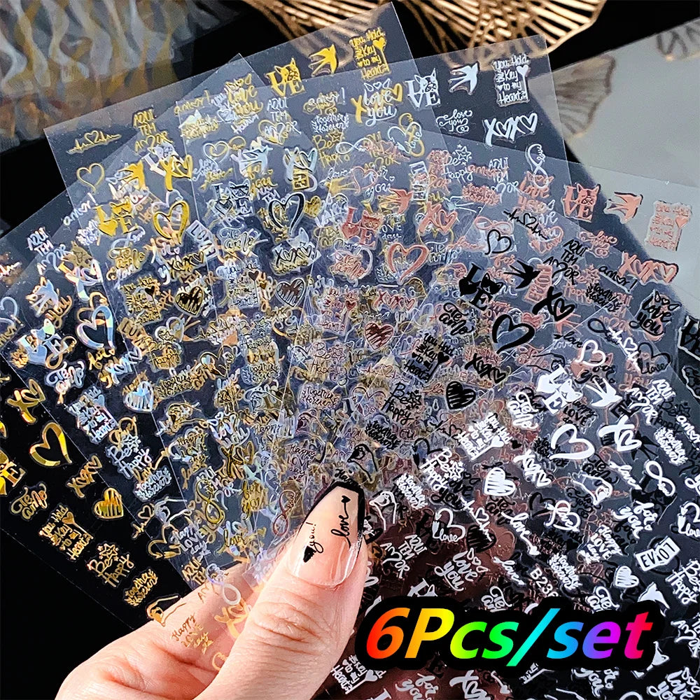 4/6Sheet/Kit Holographic Rainbow Love Heart Nail Sticker 3D Laser Heart Nail Decal Self-Adhesive Love Heart Manicure Slider &*&