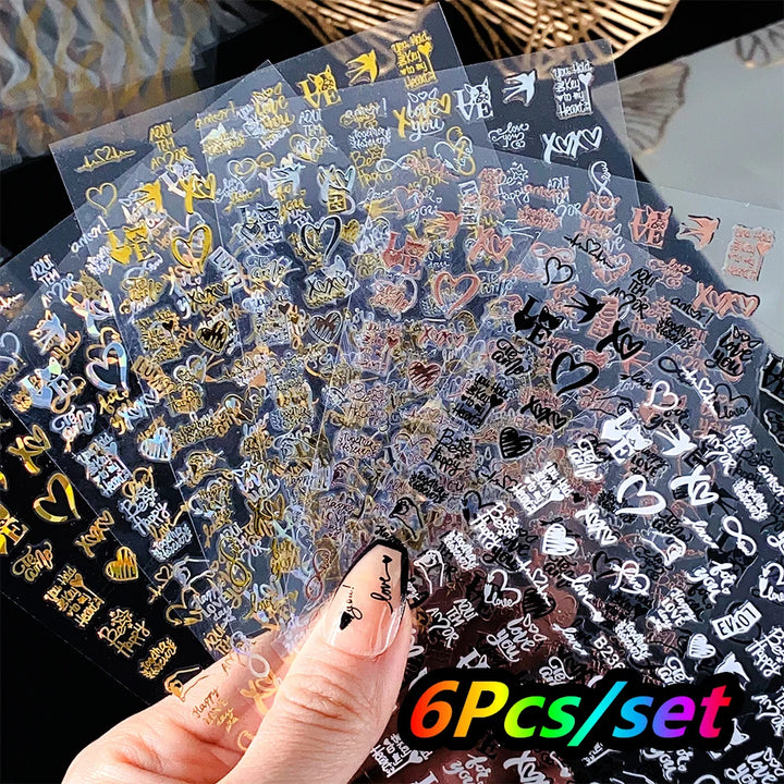 4/6Sheet/Kit Holographic Rainbow Love Heart Nail Sticker 3D Laser Heart Nail Decal Self-Adhesive Love Heart Manicure Slider &*&