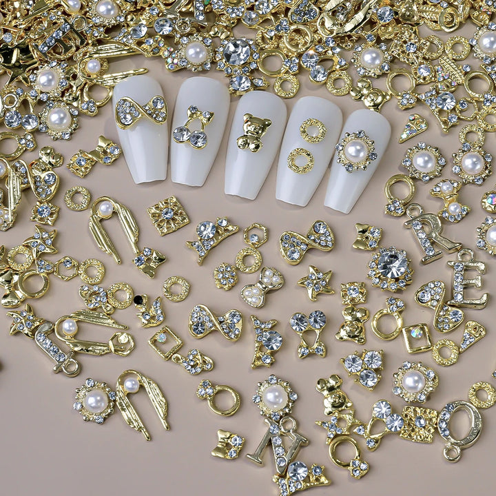50Pcs 3D Mixed Random Luxury Nail Charms Metal Gold/Silver Butterfly/Bowknot Nail Art Decoration With Crystal Manicure Jewelry