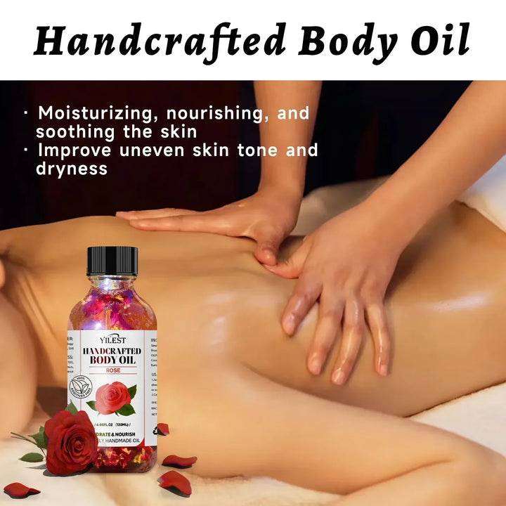 Handcrafted Rose Body Oil - 120ml Natural Blend for Dry Skin, with Jojoba & Sweet Almond Oil for Deep Hydration & Glowing Skin
