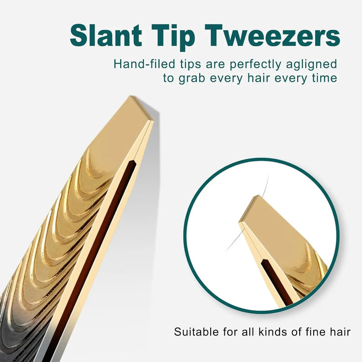 Precision Lash Tweezers - Tool for Plucking Ingrown Facial Hair, Lashes, Eyebrows - Slanted Stainless Steel Tips - Gray-Gold
