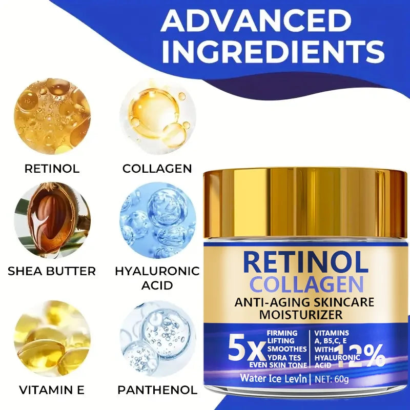 Retinol Collagen Cream, Firming Facial Moisturizing Cream, Day and Night Use, Containing Shea Butter and Hyaluronic Acid, Moisturizing and Nourishing Sensitive Skin