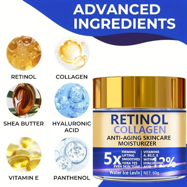 Retinol Collagen Cream, Firming Facial Moisturizing Cream, Day and Night Use, Containing Shea Butter and Hyaluronic Acid, Moisturizing and Nourishing Sensitive Skin