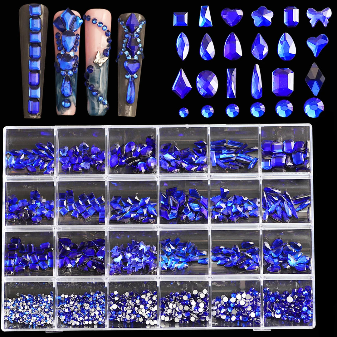 1 box of multi -shaped 3D nail diamond kits -24 AB crystal gem grids, flat -bottom nail art accessories multi -style nail suppli