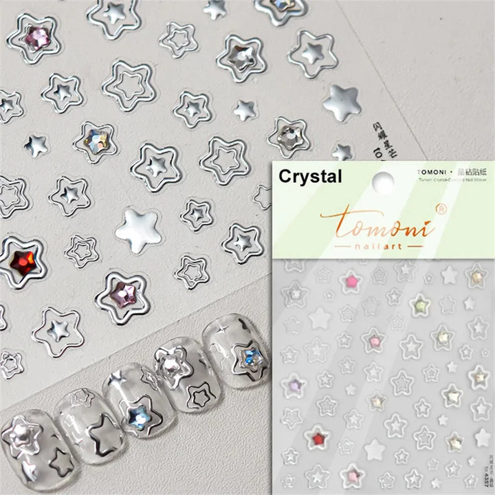 1 piece 5D color crystal star nail stickers high quality love shiny silver hollow smear rainbow flower jelly design nail sticker