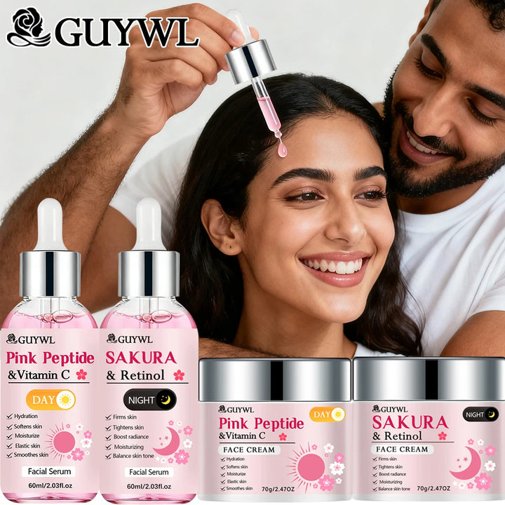 GUYWL Pink Peptide & Vitamin C Sakura & Retinol Facial Cream & Serum Set Day Night Care Combination with Niacinamide Hyaluronic