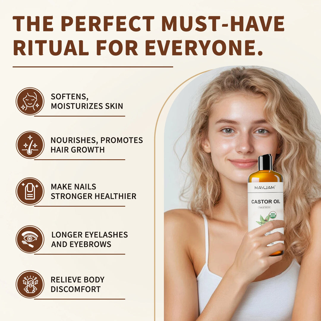 USAD Organic Castor Oil Cold Pressed Pure Natural Carrier Oil for Massage Boby Moisturizing Face, Hair, Skin & Eyelash Growth