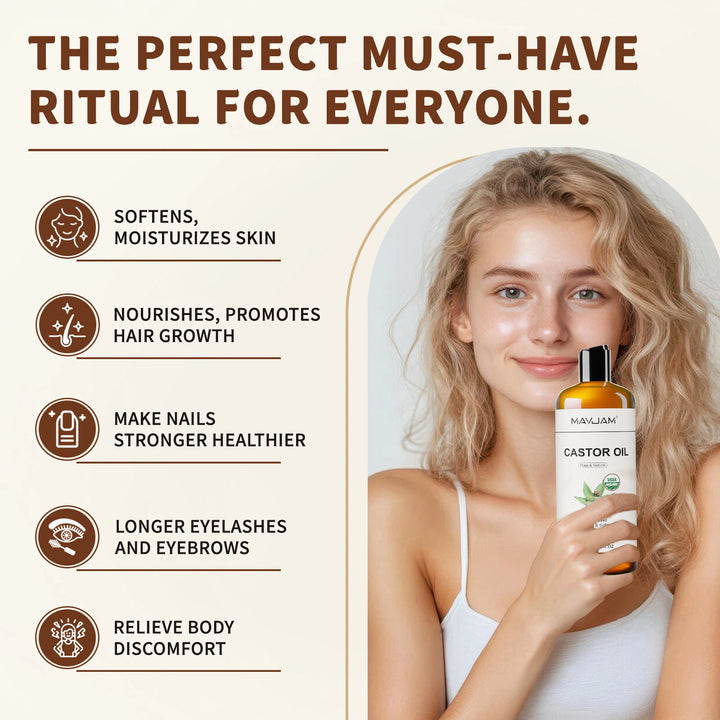 USAD Organic Castor Oil Cold Pressed Pure Natural Carrier Oil for Massage Boby Moisturizing Face, Hair, Skin & Eyelash Growth