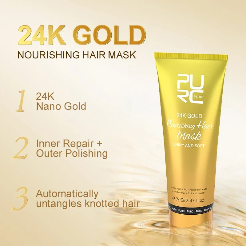 PURC 24K Gold Hair Mask & Leave-In Hair Conditioner Spray Set Keratin Treatment Repair Damaged Frizz Split Ends Hair Care