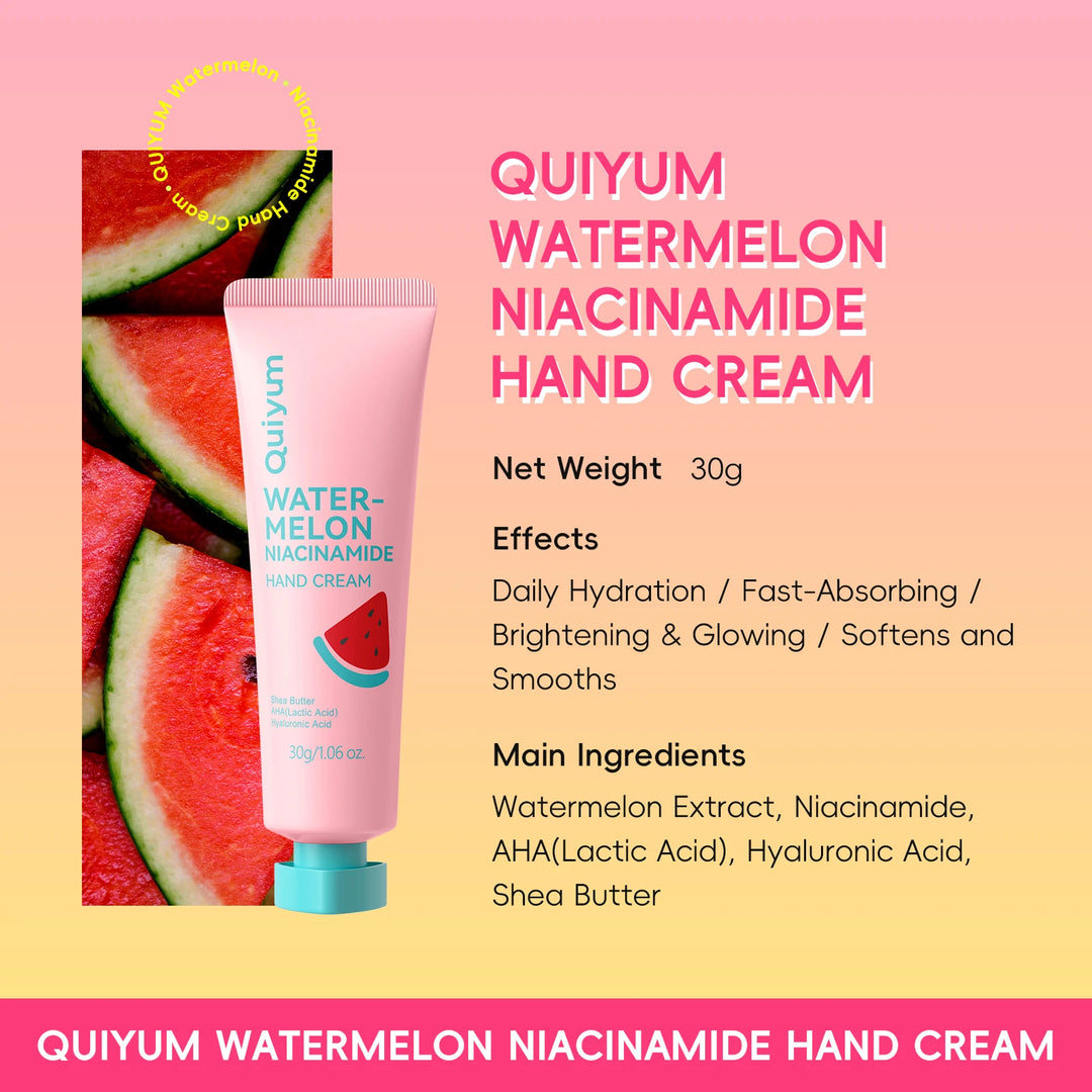 QUIYUM 2Pcs Watermelon Skin Care Set, Hyaluronic Acid Lip Balm 3g + Niacinamide Hand Cream 30g Moisturizing Hand Lip Repair Kit