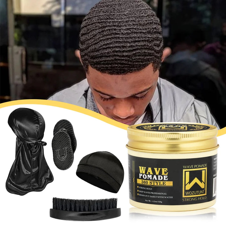 Shea Butter Wave Control Pomade Kit 360 Style Strong Hold Long Lasting Curly Hair Cream With Brush Silk Rag Cap Tool Accessony
