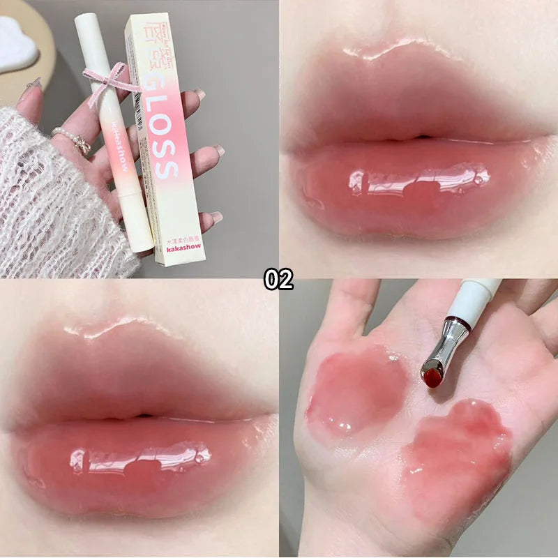 Kakashow Mirror Watery Lip Gloss Iron Brush Head Jelly Lipgloss Moisturizing Lip Tint Lipstick Nature Nude Lips Makeup Cosmetics