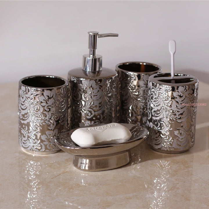 Silver Ceramics Five Piece Set Gifts Soap Bottle Gargle Cup Soap Dish Toothbrush Holder Washing Tools Bathroom Toiletry Set