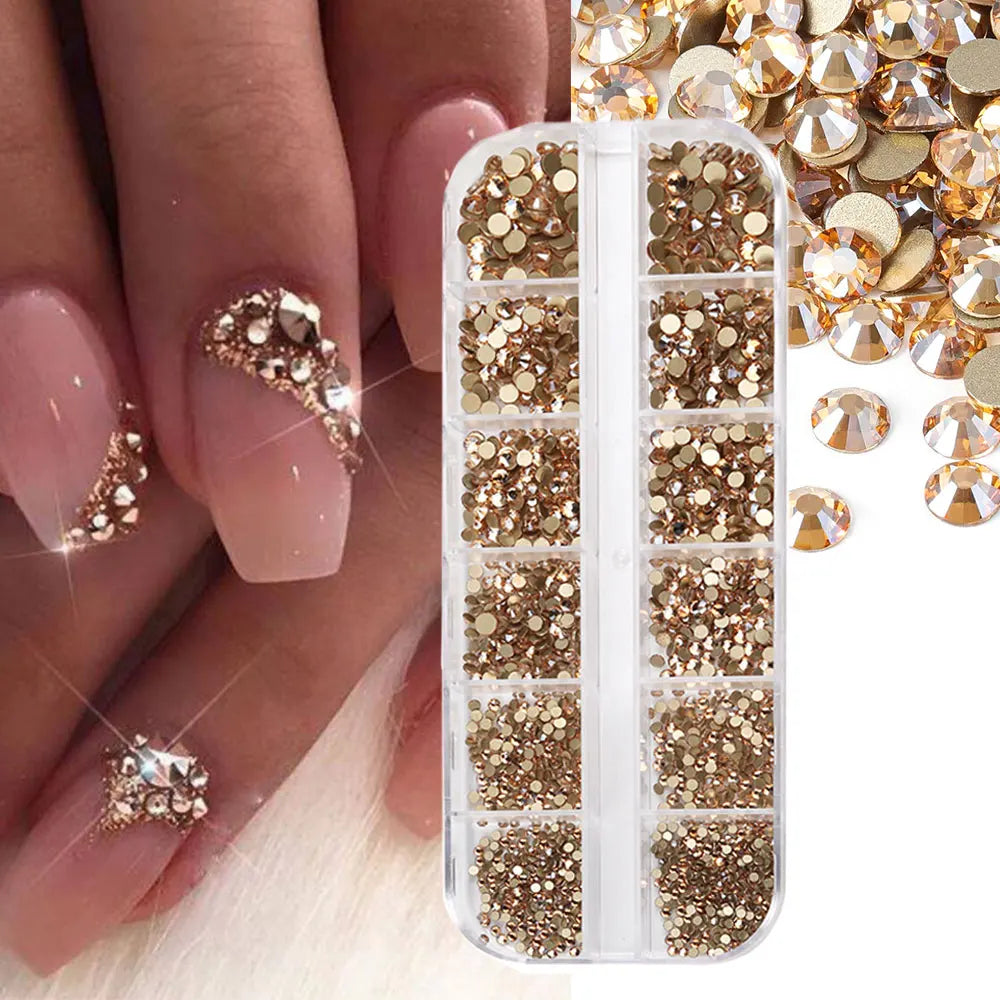 1.5mm-5mm Champagne Glass Crystal Nail Art Gems 12grids Flatback SS4-SS16 Mixed Nail Art Rhinestone Non-Hotfix Diamond Nail Deco