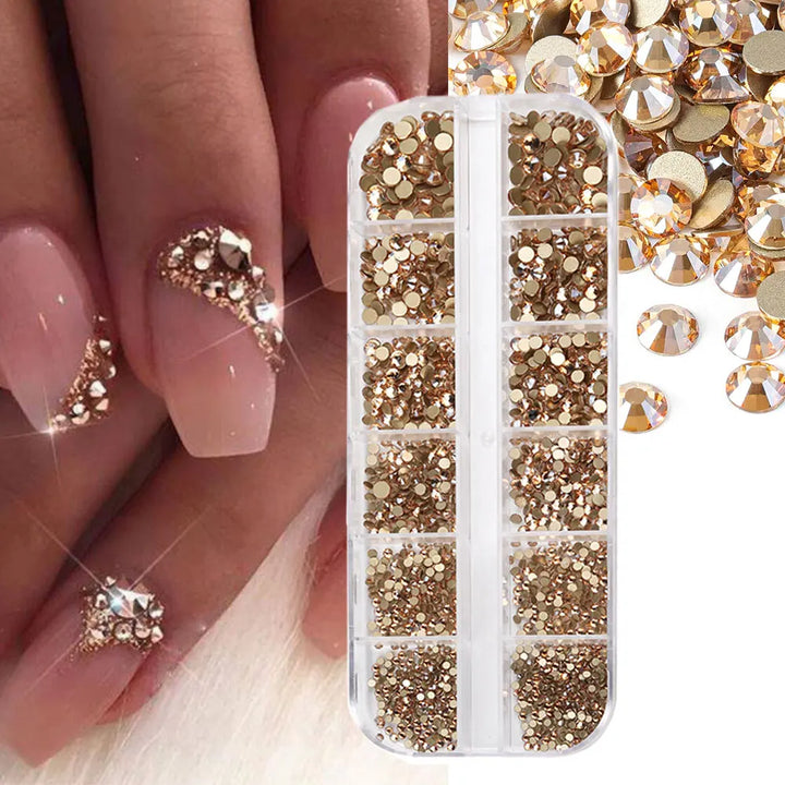 1.5mm-5mm Champagne Glass Crystal Nail Art Gems 12grids Flatback SS4-SS16 Mixed Nail Art Rhinestone Non-Hotfix Diamond Nail Deco