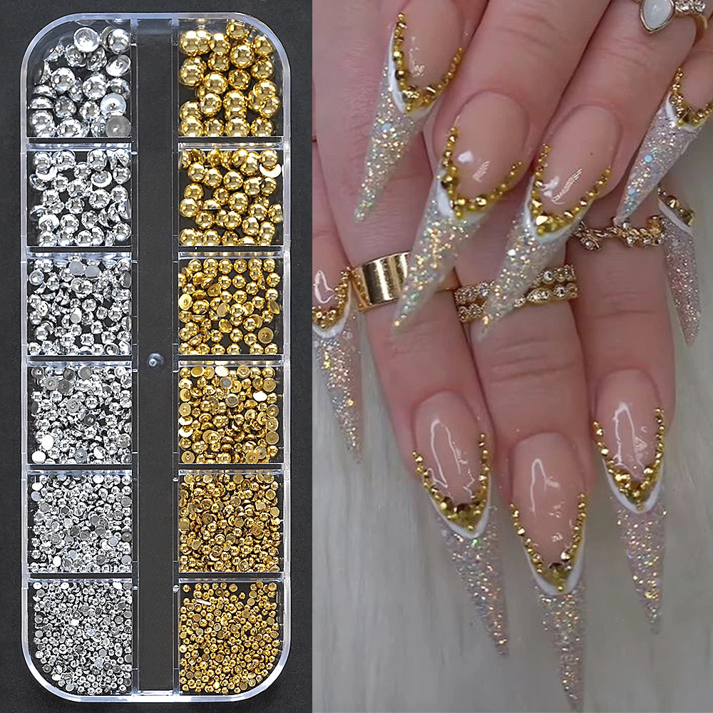 12Grids Ocean Gold Nail Art Charms Shell/Seahorse/Starfish White Half Round Pearl Gems 3D Mixed Punk Manicure Metal Rivets Studs