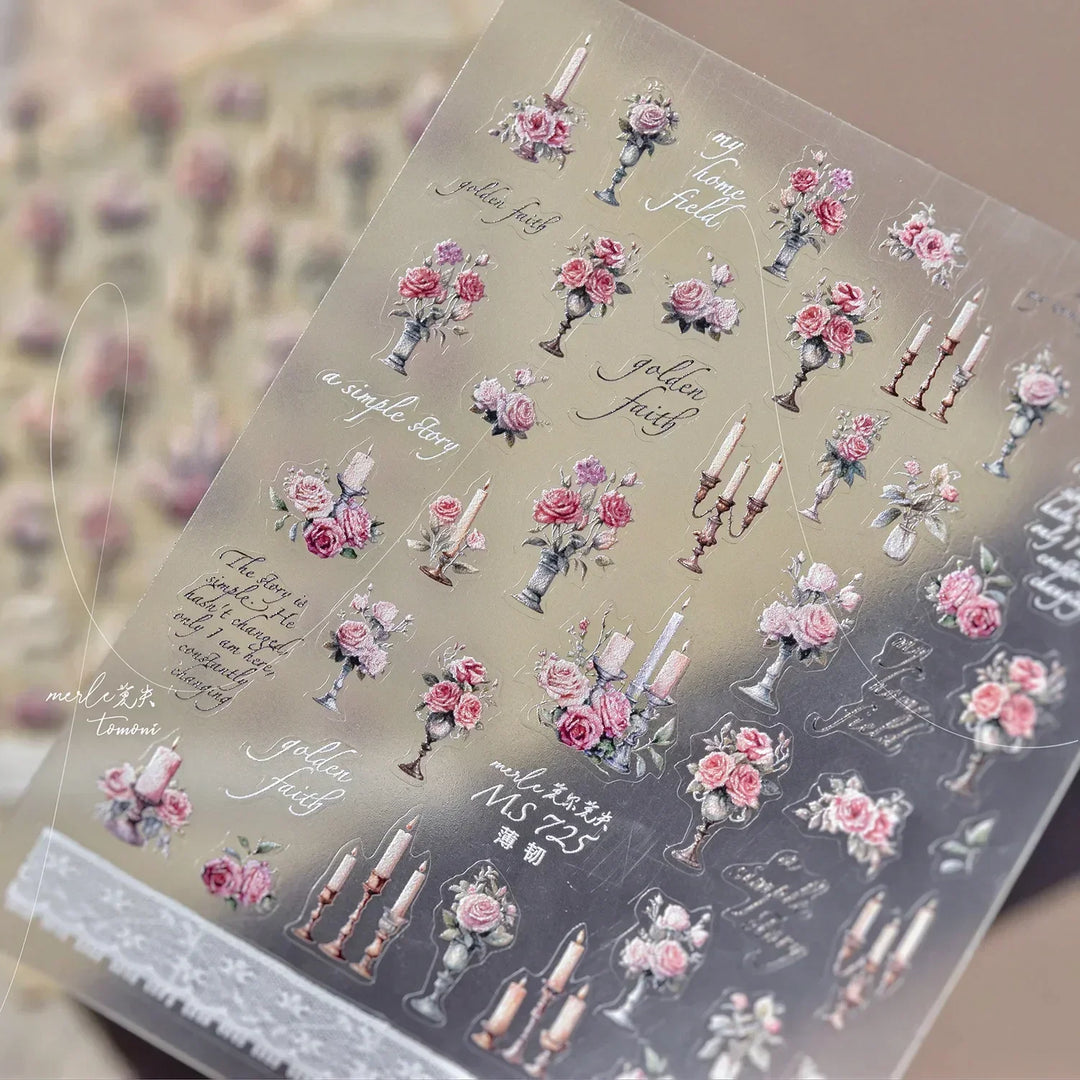 Lace Garden Bowknot Bow Tie Rose Flower Petal Pearl Irregular Border Self Adhesive 5D Nail Art Decoration Sticker Manicure Decal