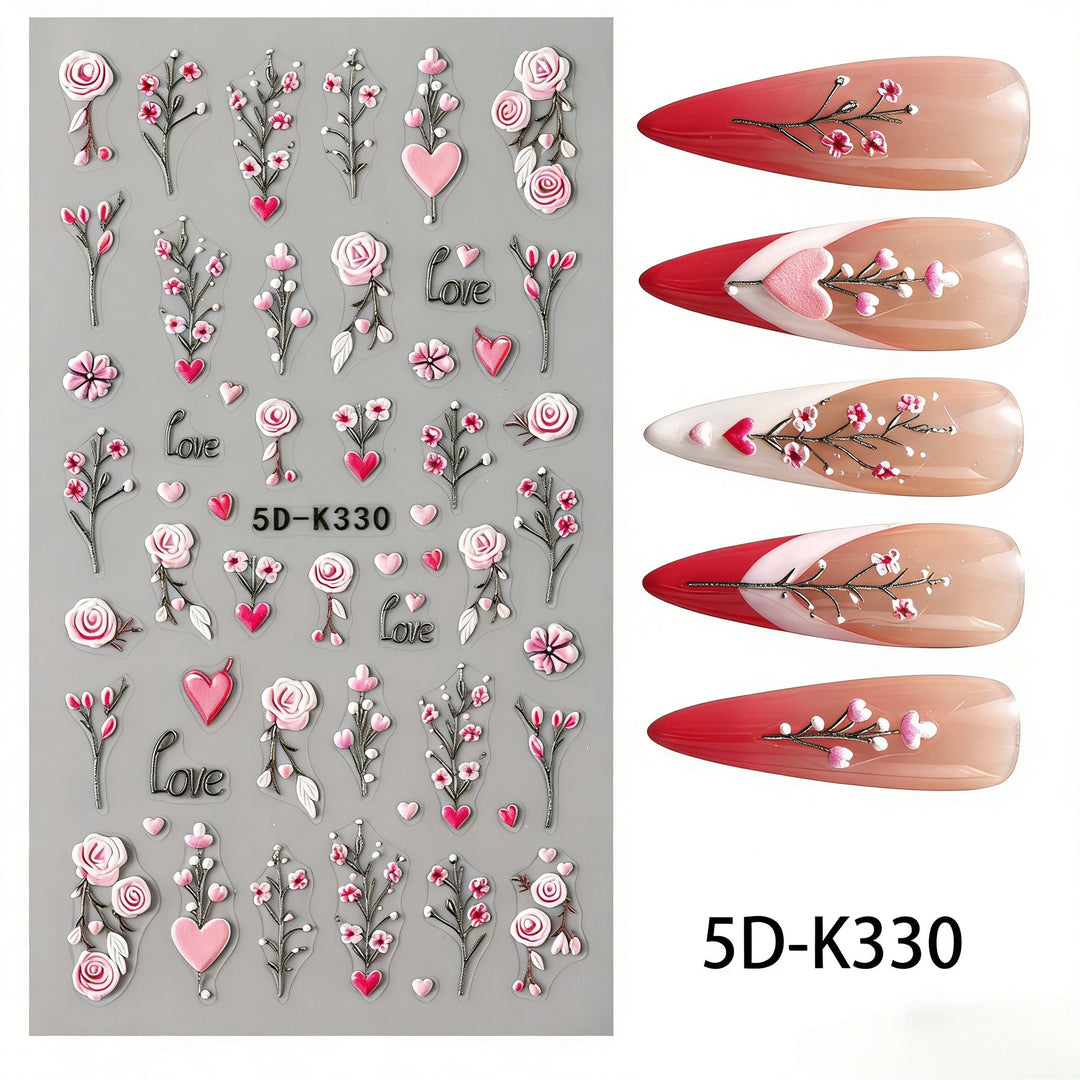 5D Embossed Green Vine Floral Nail Stickers - Matte Finish Self-Adhesive Nail Art Decals with Cartoon-Style Flowers
