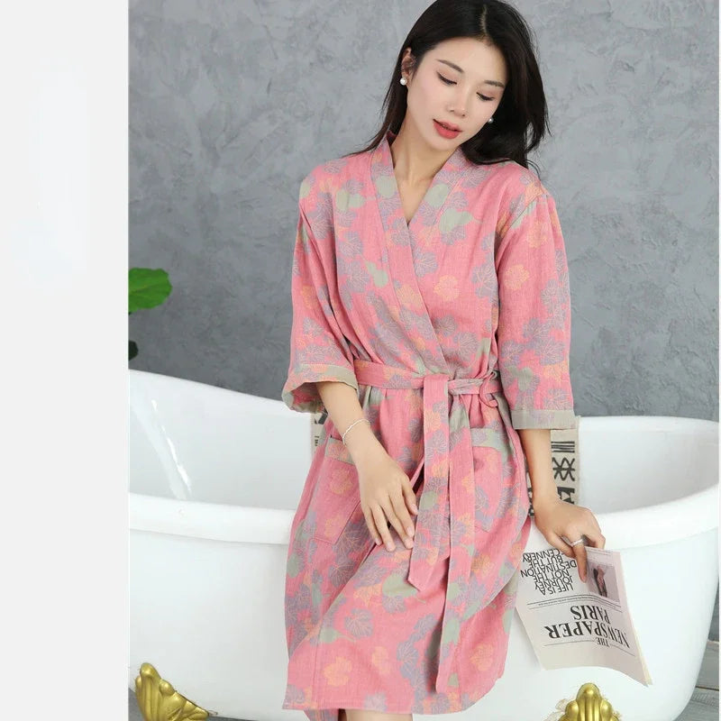 Cotton Bathrobe for Couples Spring and Summer Thin Style Short Sleeve Pajamas Clothes Women Absorbing and Quick Drying Bathrobes