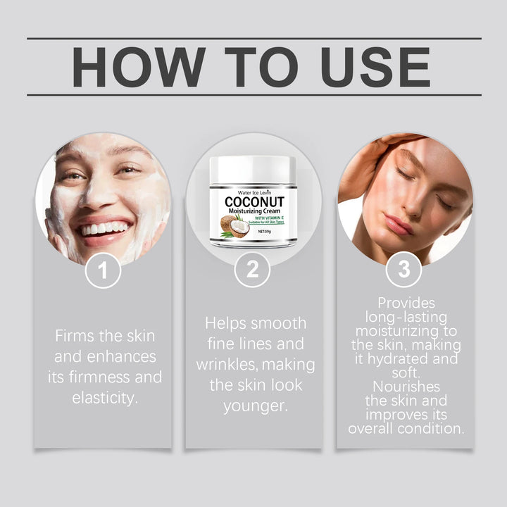 50g Coconut Oil Moisturizing Cream |   Collagen and Vitamin E |   Alcohol-Free |   Suitable for All Light Skin Types |   Moisturizing Formula Containing Hyaluronic Acid and Retinol