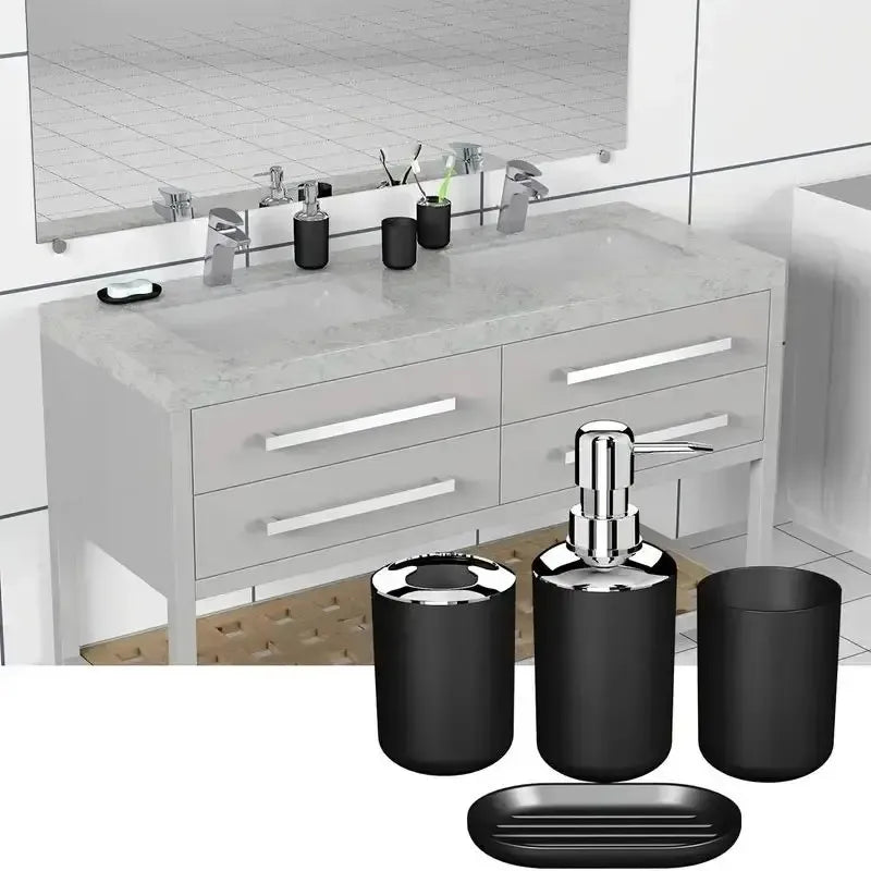 4pcs Bathroom Set, Plastic Gift Set, Toothbrush Holder, Toothbrush Cup, Soap Dispenser, Soap Dish (Gray, Black)
