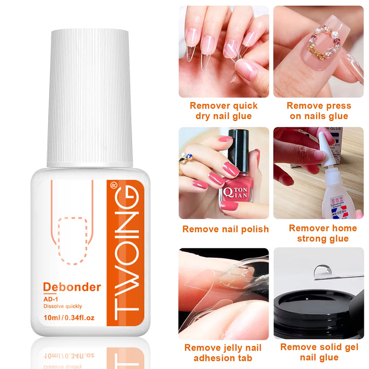 TWOING Nail Tips Gel and Glue Remover Kit, No UV Light Needed,Fake nails plate adhesive，Quickly Removes Glue Off Fake Nail