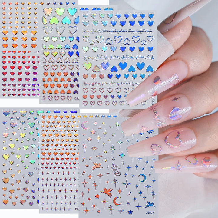 4/6Sheet/Kit Holographic Rainbow Love Heart Nail Sticker 3D Laser Heart Nail Decal Self-Adhesive Love Heart Manicure Slider &*&