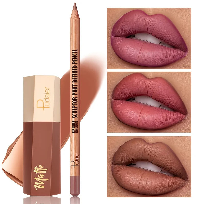 1set Matte lip gloss and lip liner pen set, long-lasting, waterproof, not easy to smudge, velvet texture