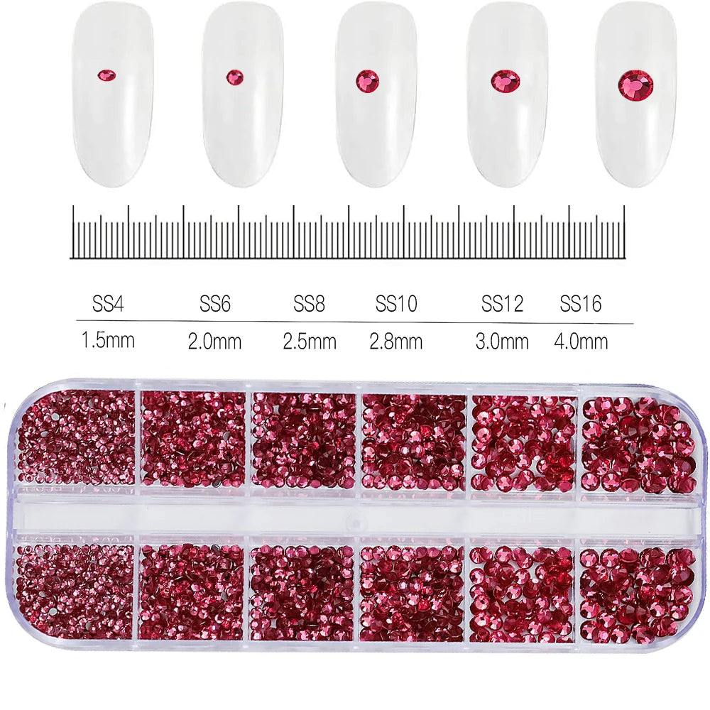 1.5mm-5mm Champagne Glass Crystal Nail Art Gems 12grids Flatback SS4-SS16 Mixed Nail Art Rhinestone Non-Hotfix Diamond Nail Deco