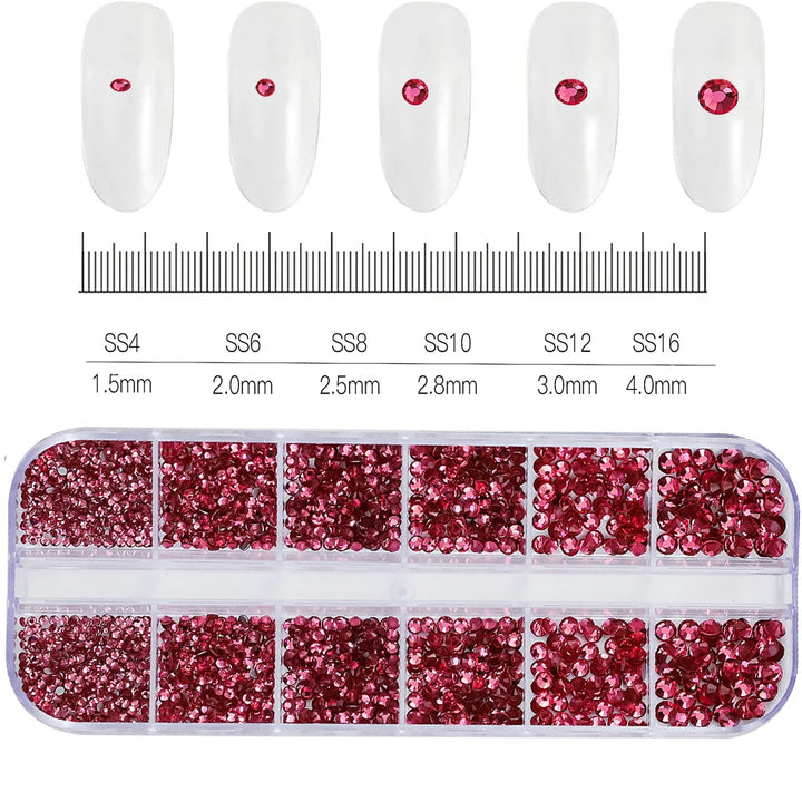 1.5mm-5mm Champagne Glass Crystal Nail Art Gems 12grids Flatback SS4-SS16 Mixed Nail Art Rhinestone Non-Hotfix Diamond Nail Deco