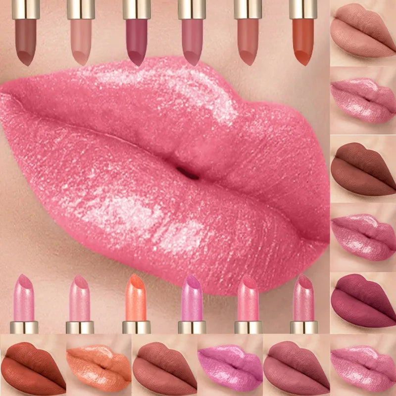 12 Color Gold Tube Lipstick Matte Pearlescent Glitter Shiny Velvet Lipsticks Red Brown Waterproof Lasting Solid Lip Gloss Makeup