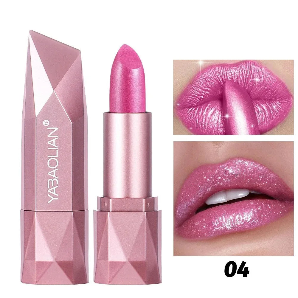 Diamond Nude Rose Pink Lipstick Waterproof Long Lasting Pearlescent Glitter Velvet Lipstick Golden Sparkle Metallic Lips Makeup