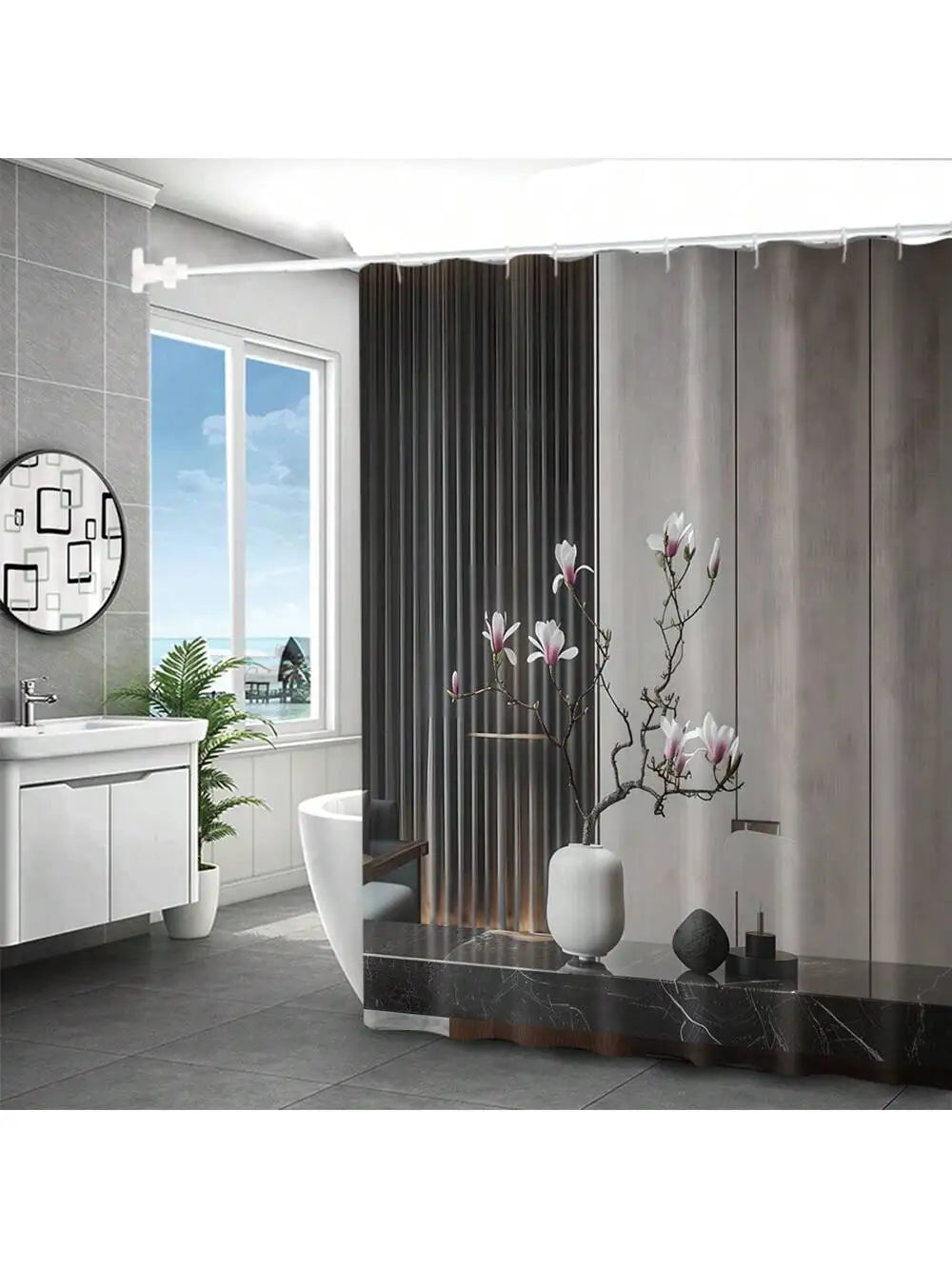 modern Pattern Printed Bathroom Set, Including Shower Curtain, Toilet Lid Cover & U-Shaped Mat,Bathroom Accessories