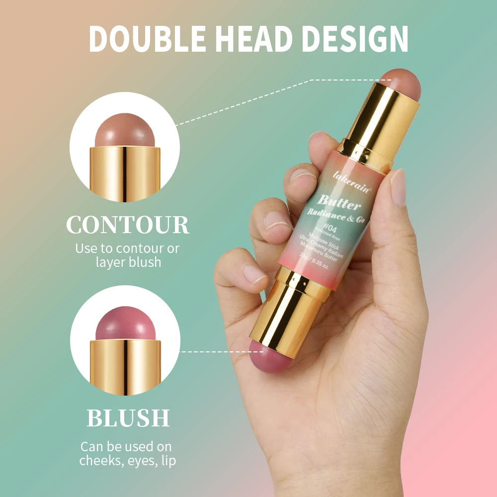 Double-Headed Bronzer Blush Stick Butter Glow & Go Multiuse Stick for Cheeks Contours Eyes Lips Blush Matte Light Glossy Bronze
