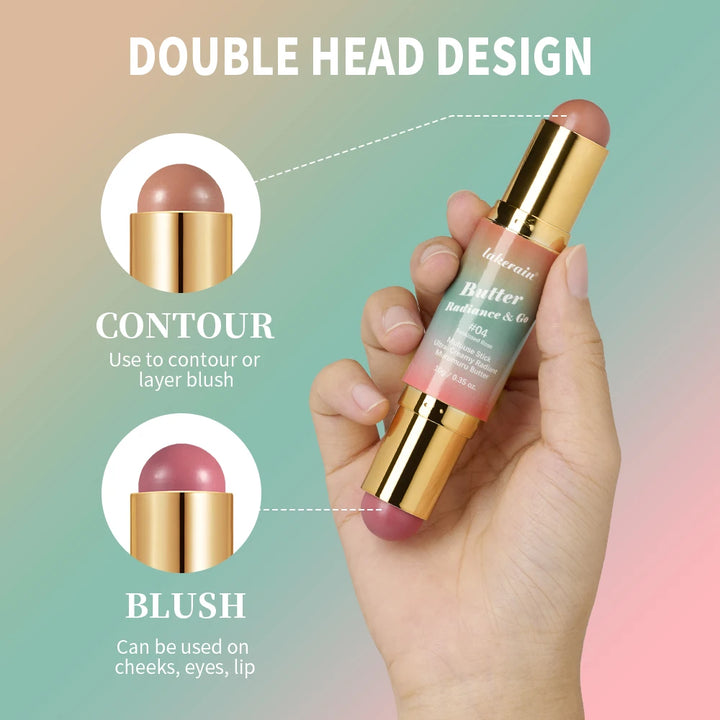 Double-Headed Bronzer Blush Stick Butter Glow & Go Multiuse Stick for Cheeks Contours Eyes Lips Blush Matte Light Glossy Bronze
