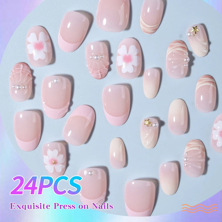 24pcs Short Oval 3D Gel Nail Stickers, Create Pearl Flower Nail Art, French Acrylic Press-On Nails, Short Size Perfectly Fit Fal