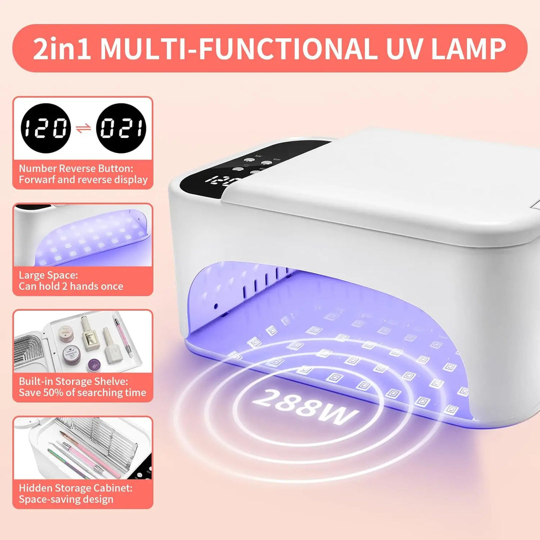 3-in-1 LED Nail Lamp 288W UV, 4 Timer Settings, Reverse Display, 108 Beads, Fast Curing