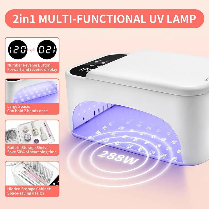 3-in-1 LED Nail Lamp 288W UV, 4 Timer Settings, Reverse Display, 108 Beads, Fast Curing