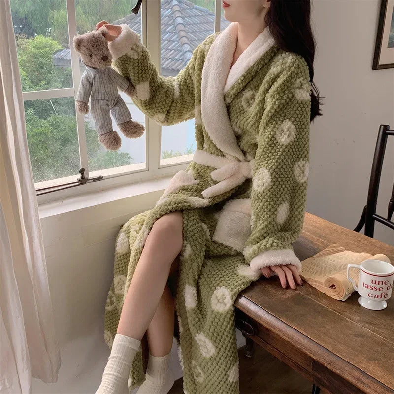 Women's Pajamas Cute Pijama Winter Sleepwear Warm Robe Sets Long Home Wear Bathrobe Plus Velvet Warmth Coral Fleece Nightgown